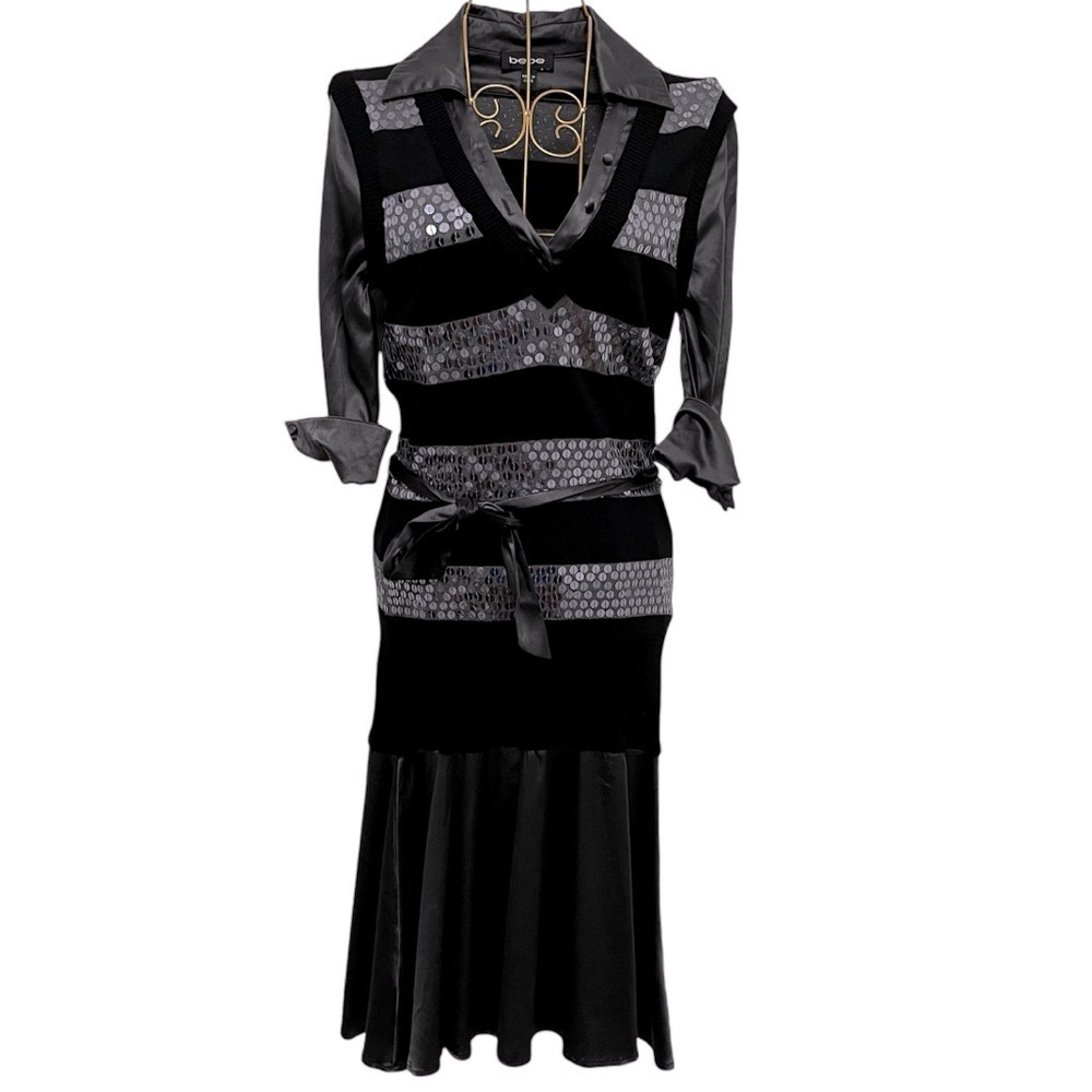 BEBE Silk Blend Sequin & Striped Mixed Media Sweater Vest Dress Size XS
